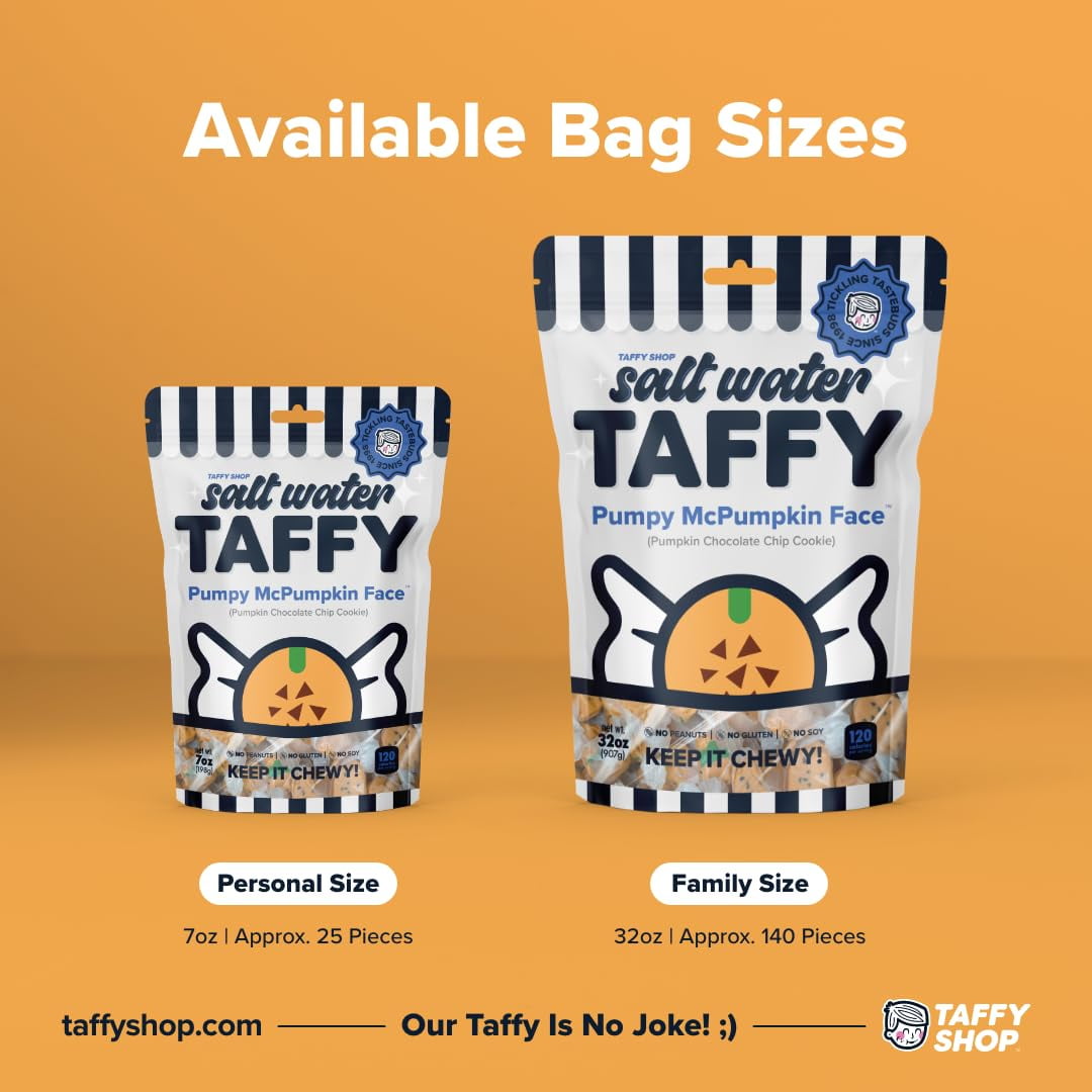 Taffy Shop Pumpy McPumpkin Face, Pumpkin Chocolate Chip Cookie Salt Water Taffy – Assorted Gourmet Candy Variety Pack, Bulk Sweet Snack, Fresh & Gluten-Free, 30 Individually Wrapped Pieces (7oz)