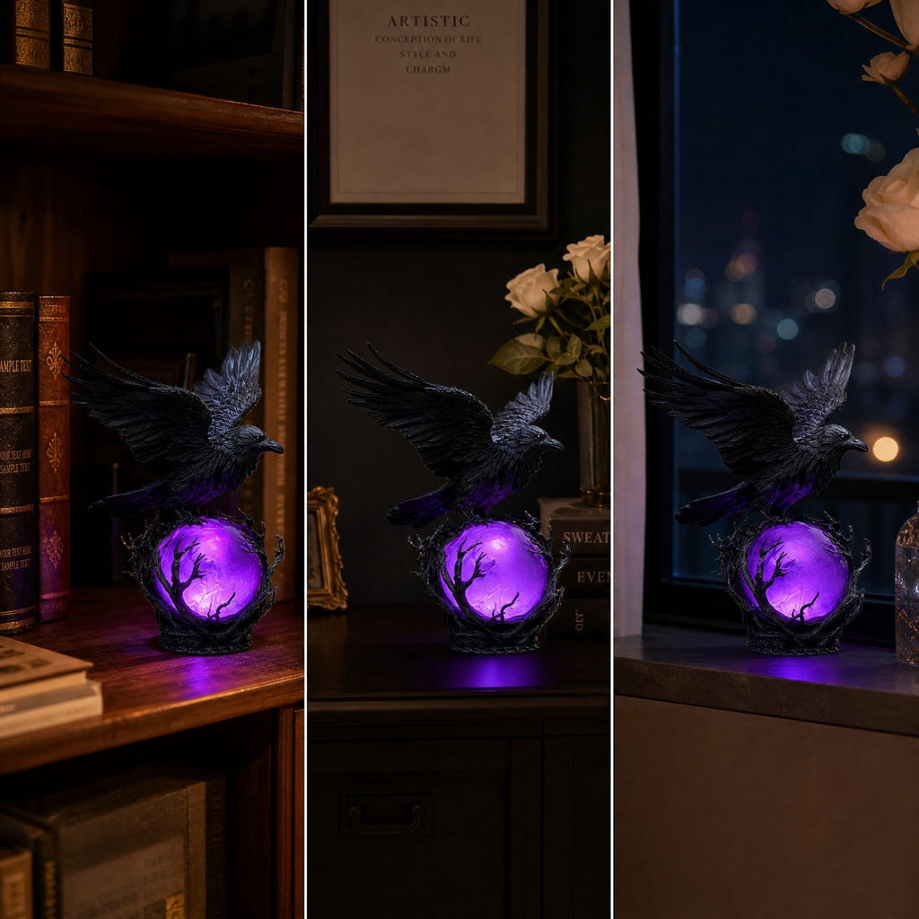 Gothic Mysterious Crow LED Flameless Candle, Luminous Sculpture, Gothic Home Decor Accent, Raven Lamp for Halloween Gifts, Bedroom Bedside, Living Room, Orange