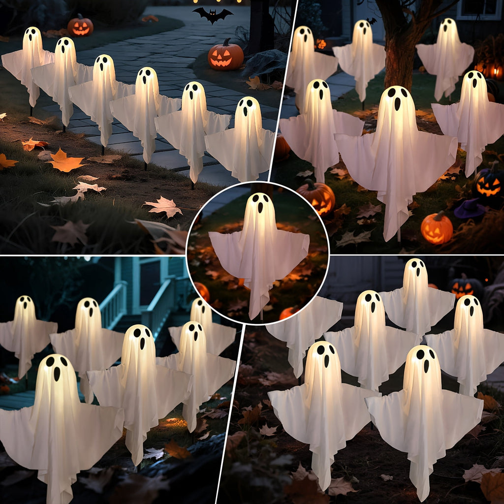6 Pack Solar Powered Ghost Halloween Decorations Outdoor, LED Light Up Ghost Stakes with Auto On/Off and 8 Lighting Modes, Waterproof Halloween Yard Decor for Garden, Pathway, Porch, Lawn and Party
