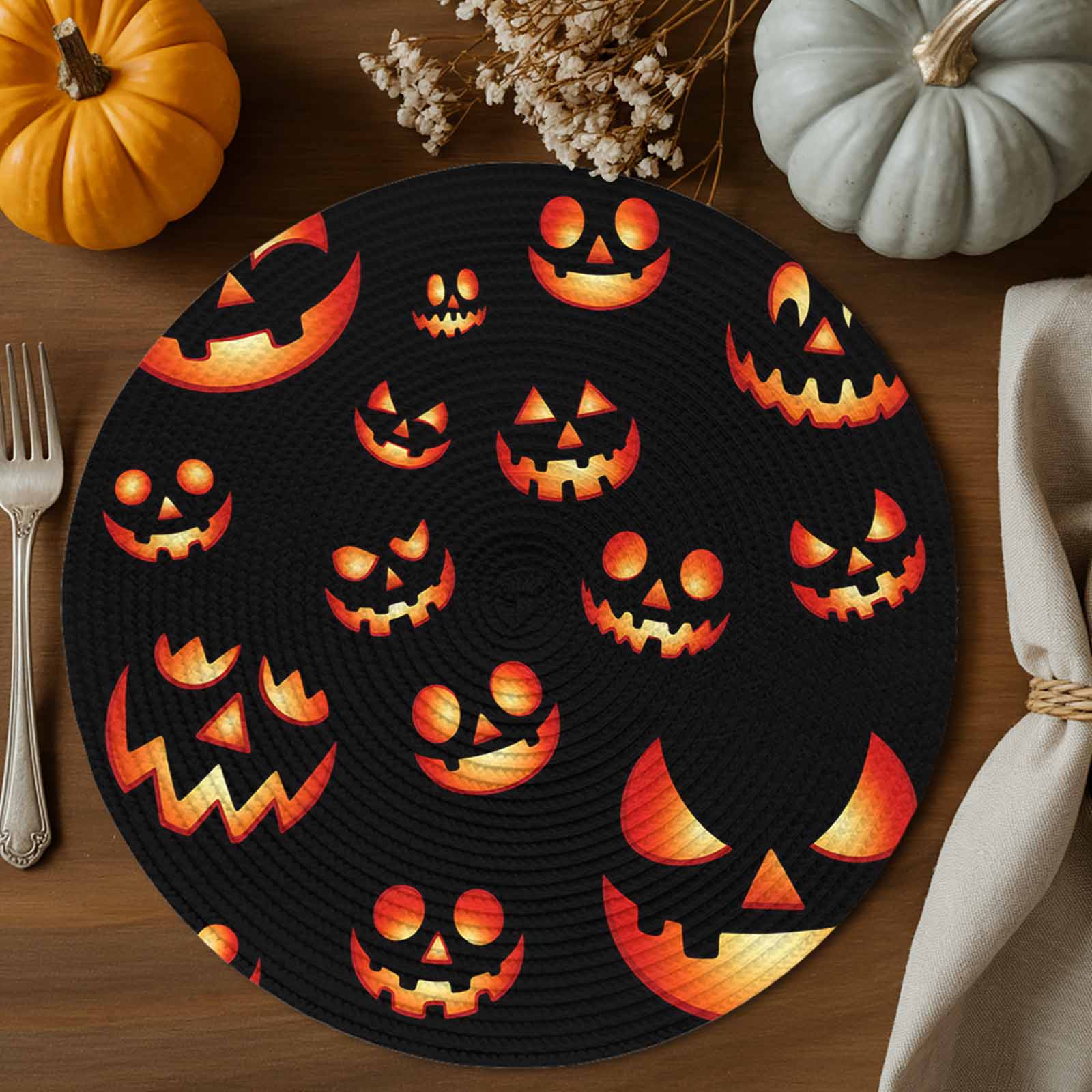 Halloween Round Placemats Set of 4 Spooky Jack-O-Lanterns Place Mats Washable Woven Placemat Orange Black Scary Pumpkin Grimace Circle Braided Table Mat for Kitchen Dining Table Party Decor 15 Inch