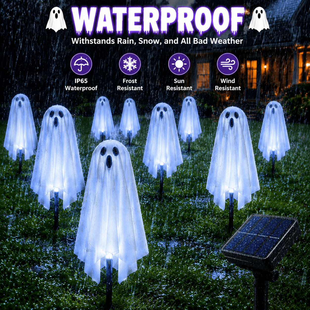 6 Pack Solar Halloween Ghost String Stake Lights, White LED Pathway Lights with 8 Lighting Modes, Waterproof Outdoor Halloween Decor for Garden Yard Lawn Walkway Graveyard Decor