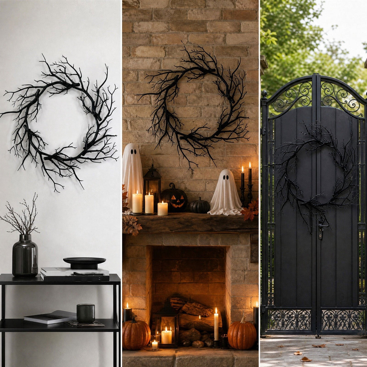 WWC Halloween Wreath, 18 inch Black Bats and Bare Branch Wreath, Gothic Halloween Decor Twig Wreath for Halloween Party Front Door Porch and Fireplace