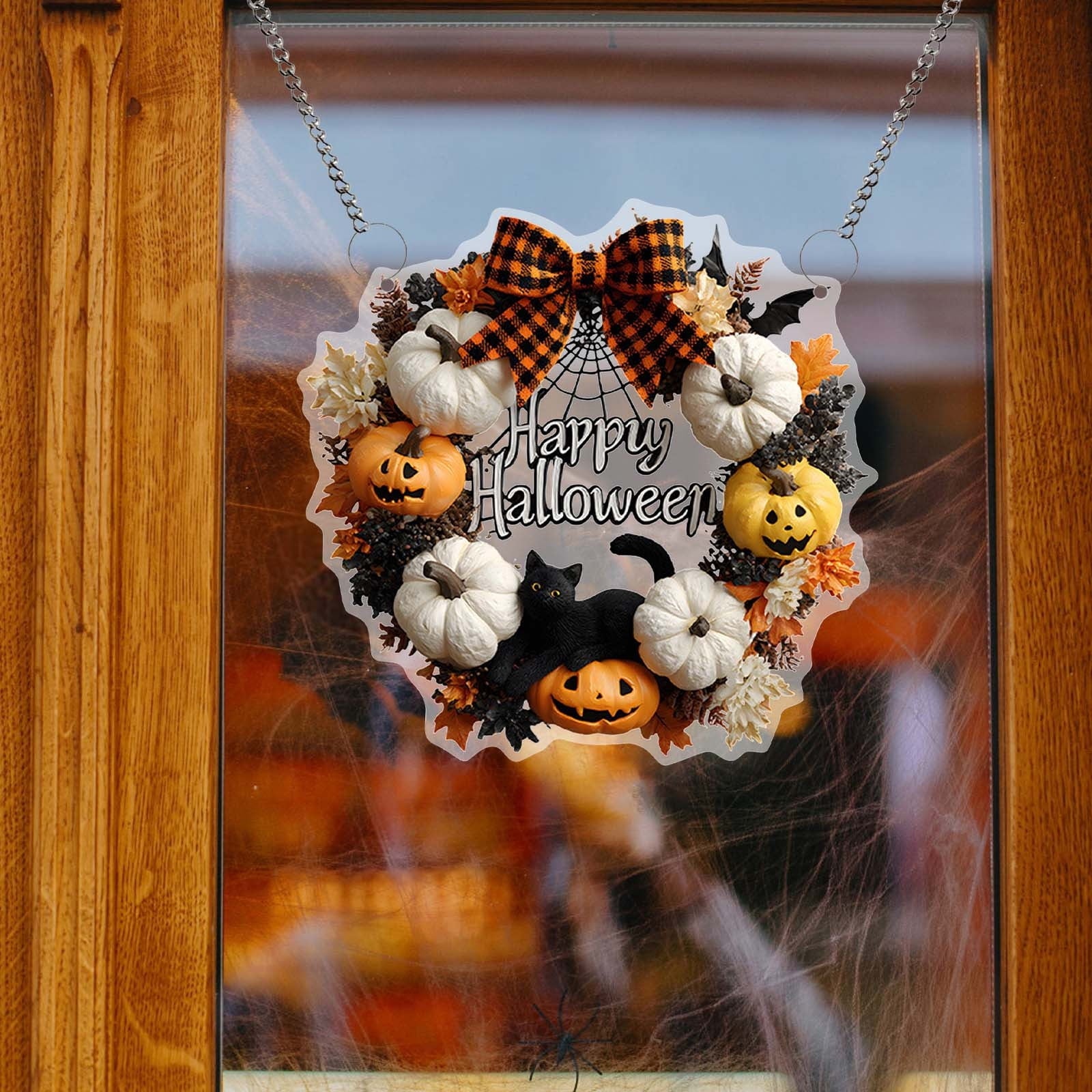 Btomtd Diameter 8" Pumpkin Skull Wreath Halloween Decor Acrylic Round Disk Hanging Ornament with Garland for Front Door Window, A