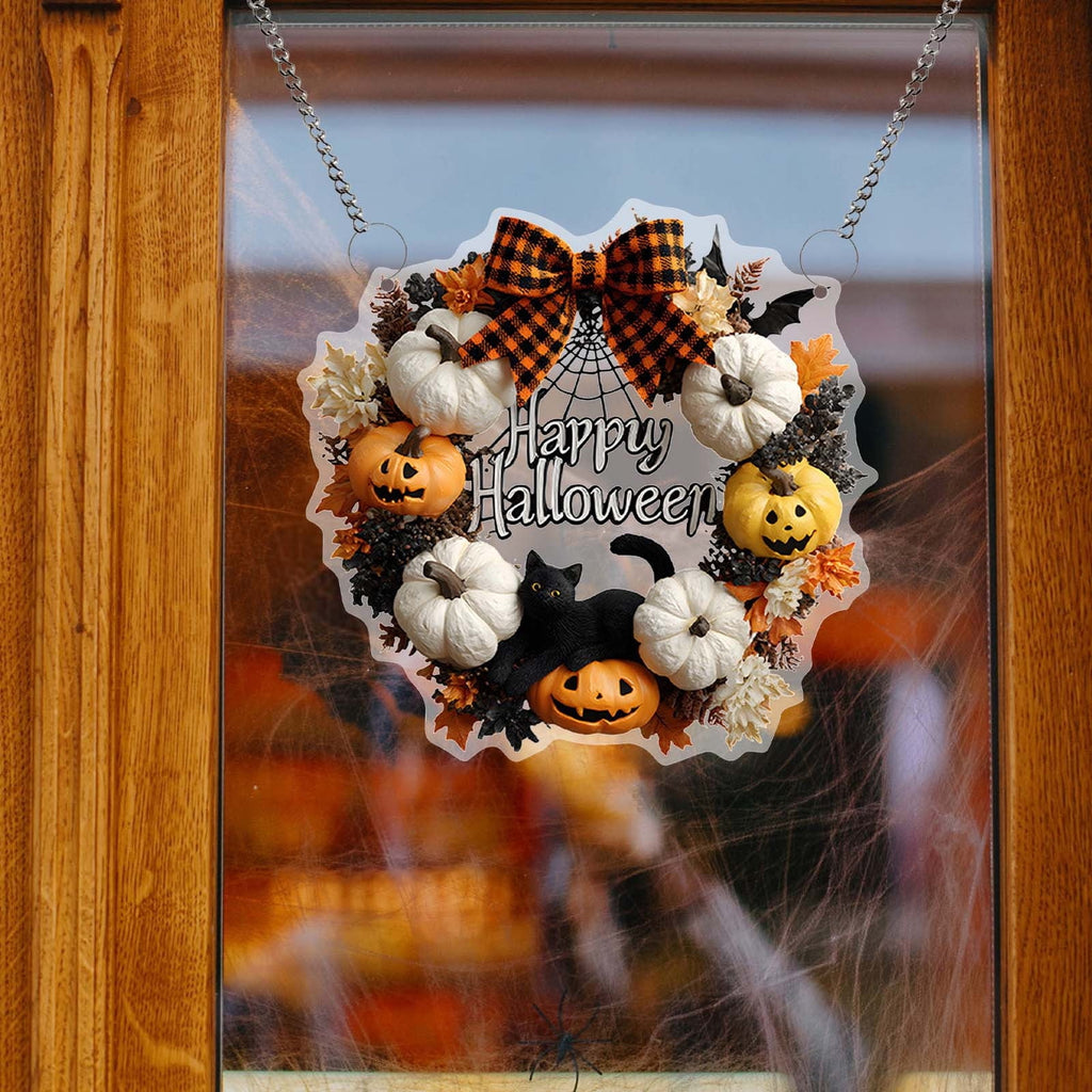 Btomtd Diameter 8" Pumpkin Skull Wreath Halloween Decor Acrylic Round Disk Hanging Ornament with Garland for Front Door Window, B