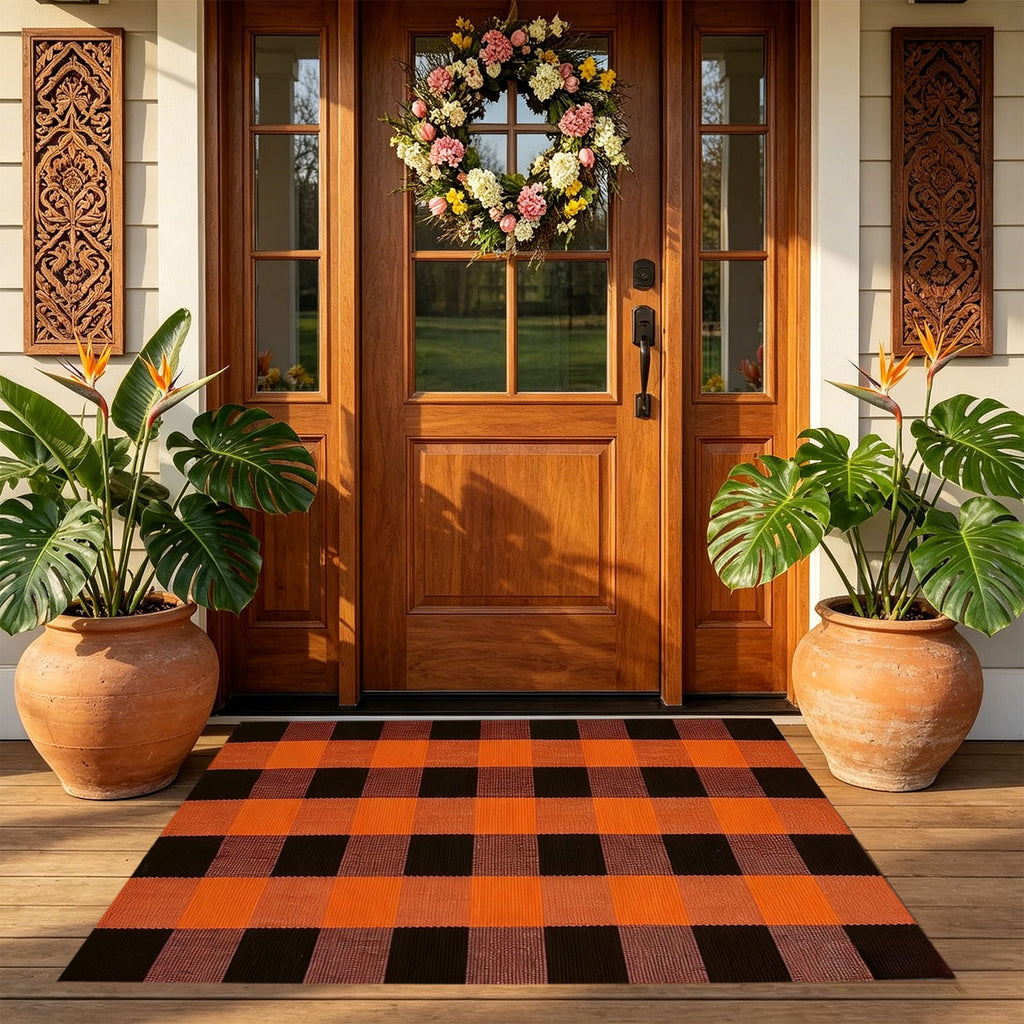 Dpityserensio Halloween Doormat Black Bat and Moon with Striped Border Non-Slip Washable Indoor Outdoor Rug, Vintage Fall Decor