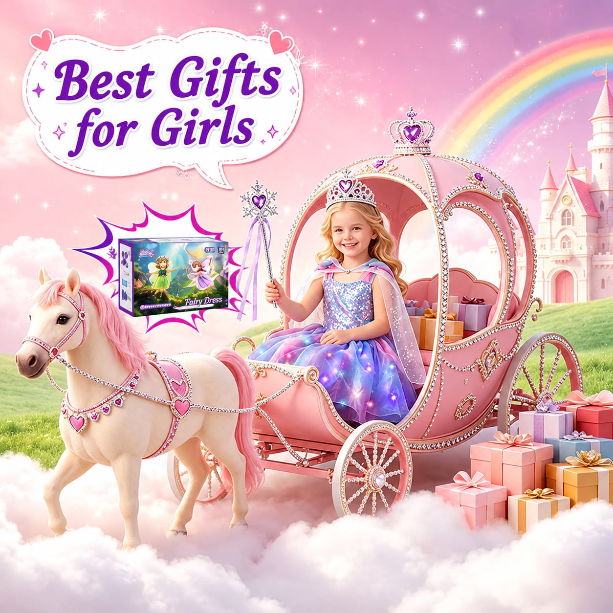 WonderStone Princess Dress for Girls, Light-Up Fairy Costume Dress-Up with Luxury Accessories, Purple Tutu Outfit for Birthday Parties, Kids & Toddlers Ages 5-6