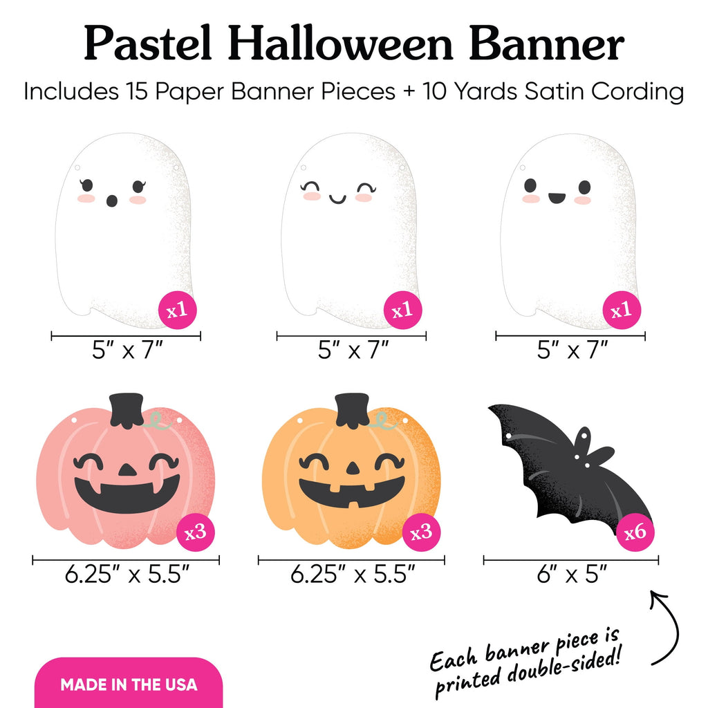 Big Dot of Happiness Pastel Halloween Garland Banner, Birthday Party Decorations Backdrop, 30 Feet of Cord, 15 Paper Ghost, Pumpkin, and Bat Shapes
