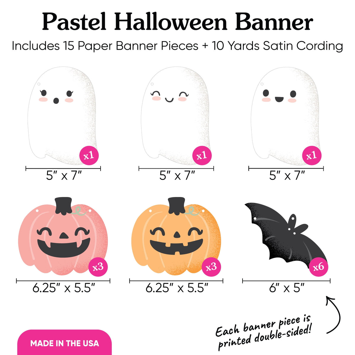 Big Dot of Happiness Pastel Halloween Garland Banner, Birthday Party Decorations Backdrop, 30 Feet of Cord, 15 Paper Ghost, Pumpkin, and Bat Shapes