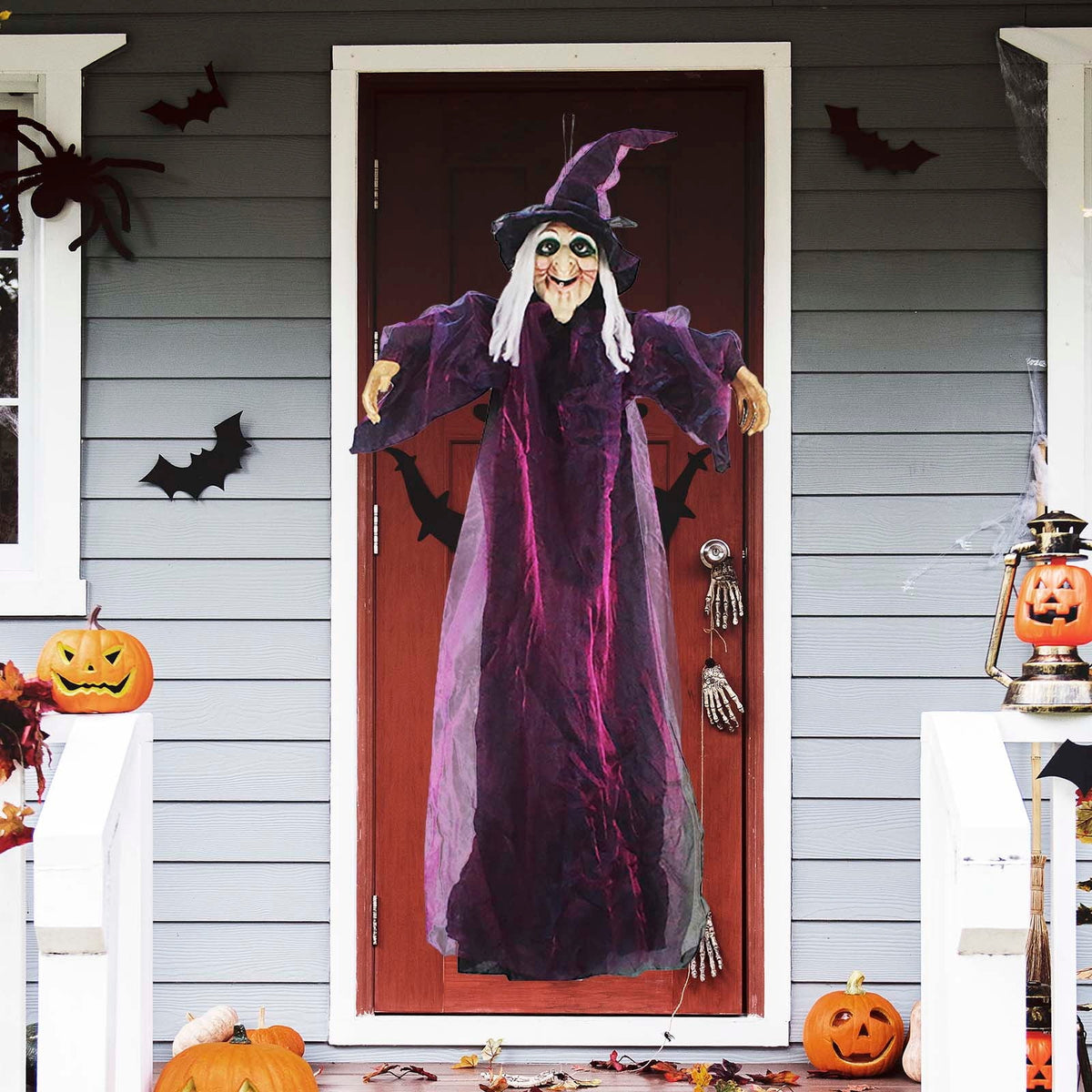 Loyerfyivos Halloween Animatronics Decoration Indoor and Outdoor, 70.87" Animated Halloween Witch with Sound Activation and Light Up Eyes, Life-Size Hanging Talking Witch, Adjustable Arms