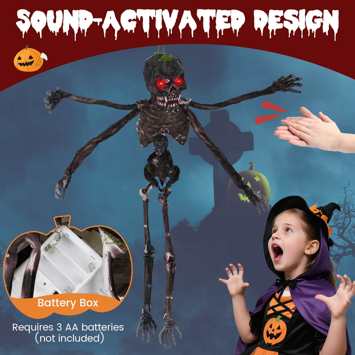 Costway 6 FT Animated Halloween Decoration Hanging Zombie Light-up Eyes Poseable Arms