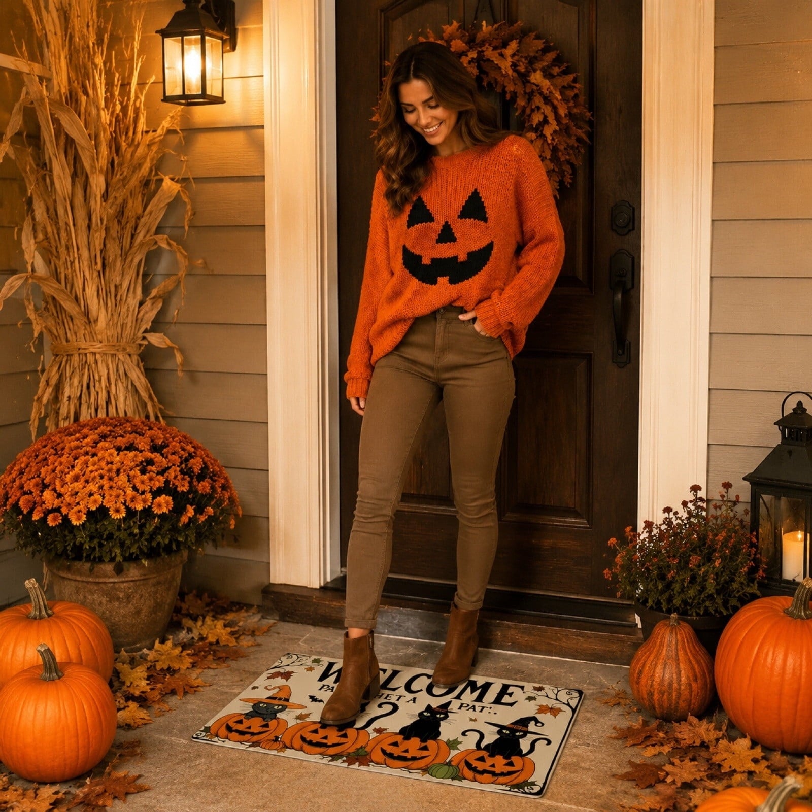 OutmaxHome Halloween Theme Cute Ghost Print Doormat, 15.8x23.6 Inch Non-Slip Absorbent Mat, Easy to Clean, for Front Door, Porch, Farmhouse