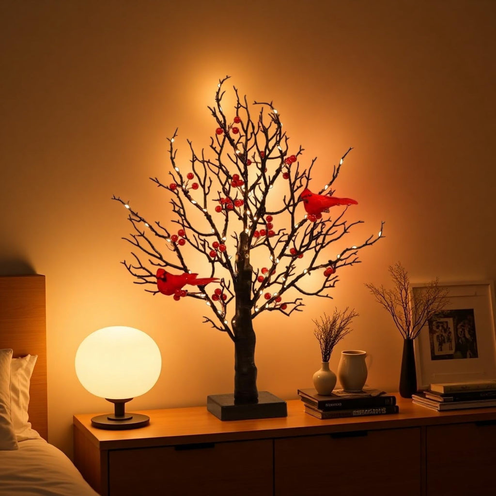 Vintage Glowing Cardinal Tree with Berries, Moving Cardinals Tree with LED Lights, Little Red Bird Trees Light, for Christmas, Halloween Tabletop Indoor Office Decorations