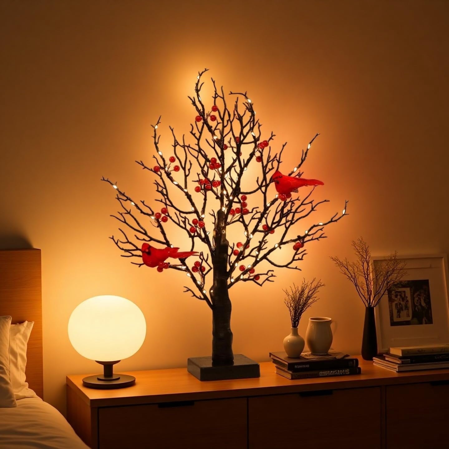 Vintage Glowing Cardinal Tree with Berries, Moving Cardinals Tree with LED Lights, Little Red Bird Trees Light, for Christmas, Halloween Tabletop Indoor Office Decorations