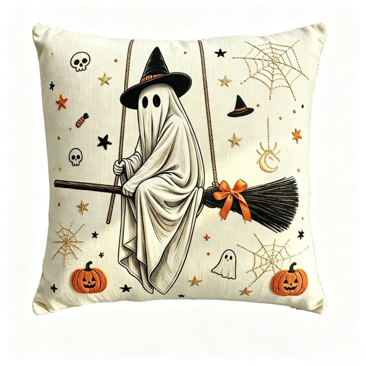 Halloween Ghost Reading Book Throw Pillow Cover, Spooky Library Bookshelf Skull Candlestick Decorative Pillowcase, Retro Halloween Cushion Cover
