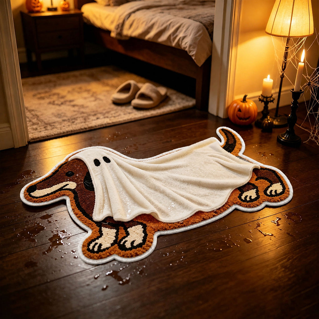 Dachshund Ghost Shaped Doormat, Wiener Dog Ghost Rug for Halloween Front Porch Entry Decor