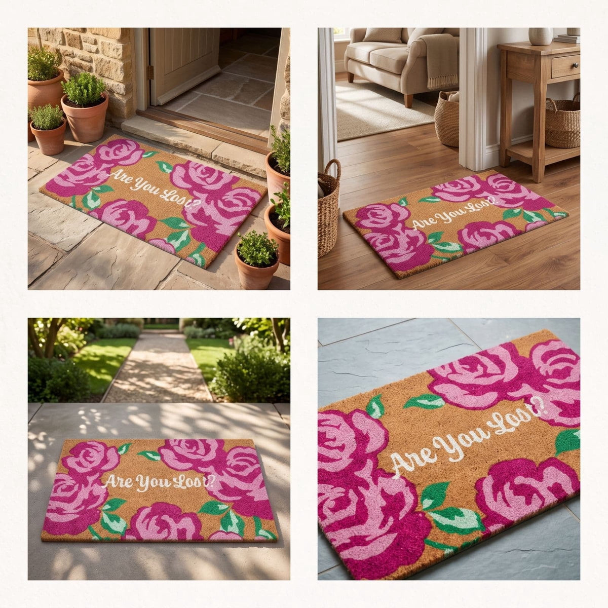 Lypsnake Natural Coco Coir Doormat - "Love Grows Here" Printed with Delicate Floral Pattern, Non-slip Absorbent Entry Mat for Home Entrance Porch Patio and Outdoor Decoration