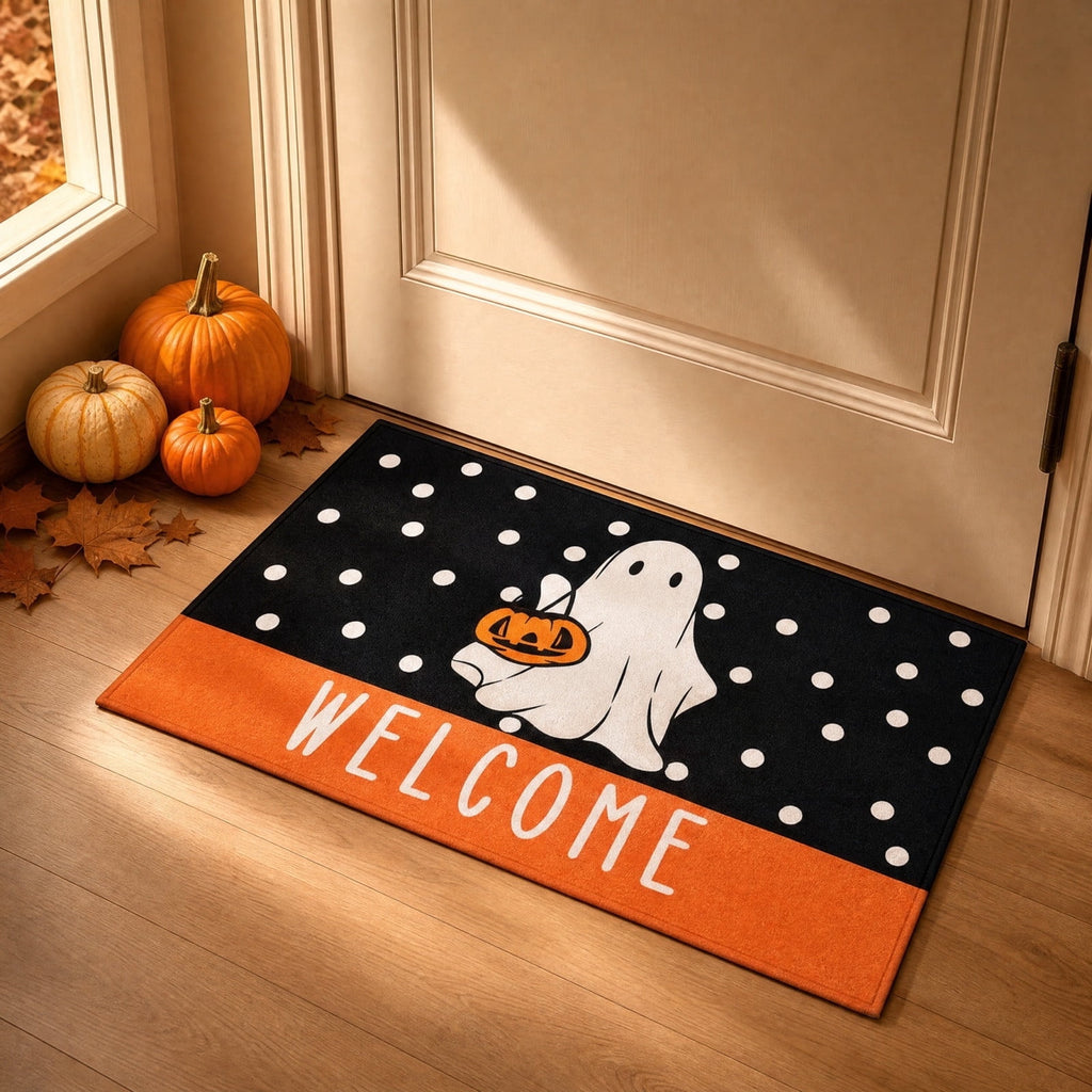 Halloween Ghost Welcome Printed Doormat, Entrance Rug with Skidproof Rubber Backing for Halloween Front Porch Entryway Indoor Outdoor Decor,50x80cm