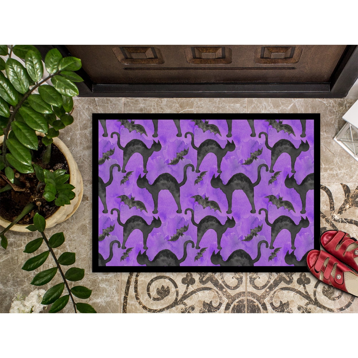 Watecolor Halloween Black Cats on Purple Door Mat