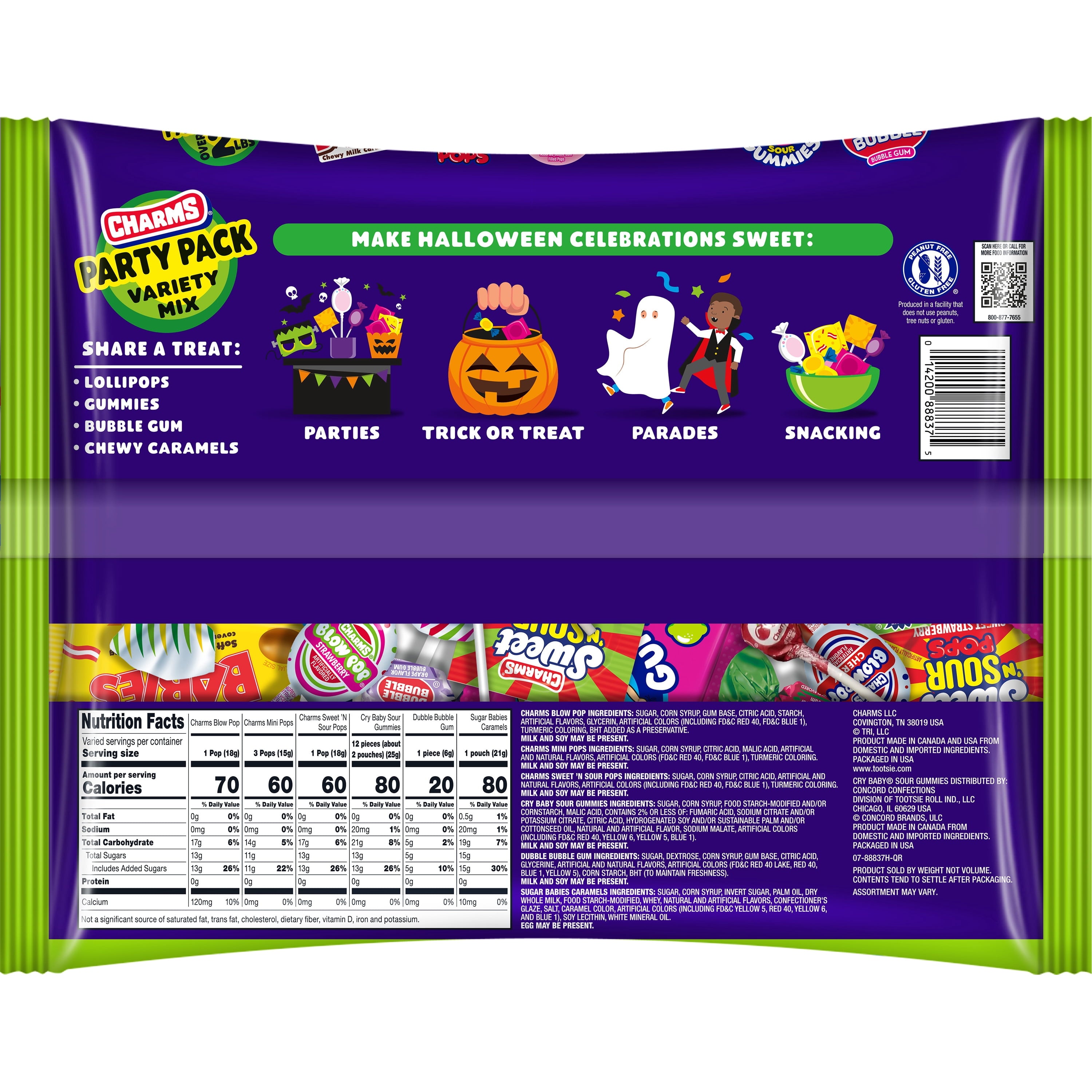 Charms Halloween Party Pack, Assorted Halloween Chewy Candy, Individually Wrapped, 37.62 oz. Peanut Free and Gluten Free. Contains Milk and Soy.