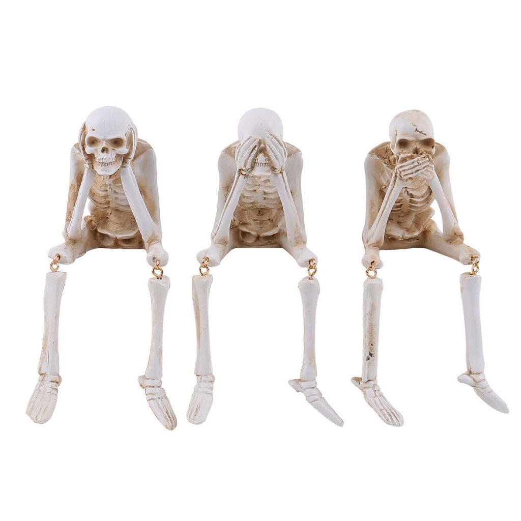 Halloween Decor Skeleton Statue Figurines Skull Decor See No Evil Hear No Evil Speak No Resin Skeleton Shelf Sitters Sitting Figurines for Home Kitchen Party Decor Table Ledge Edge Decorative (C)