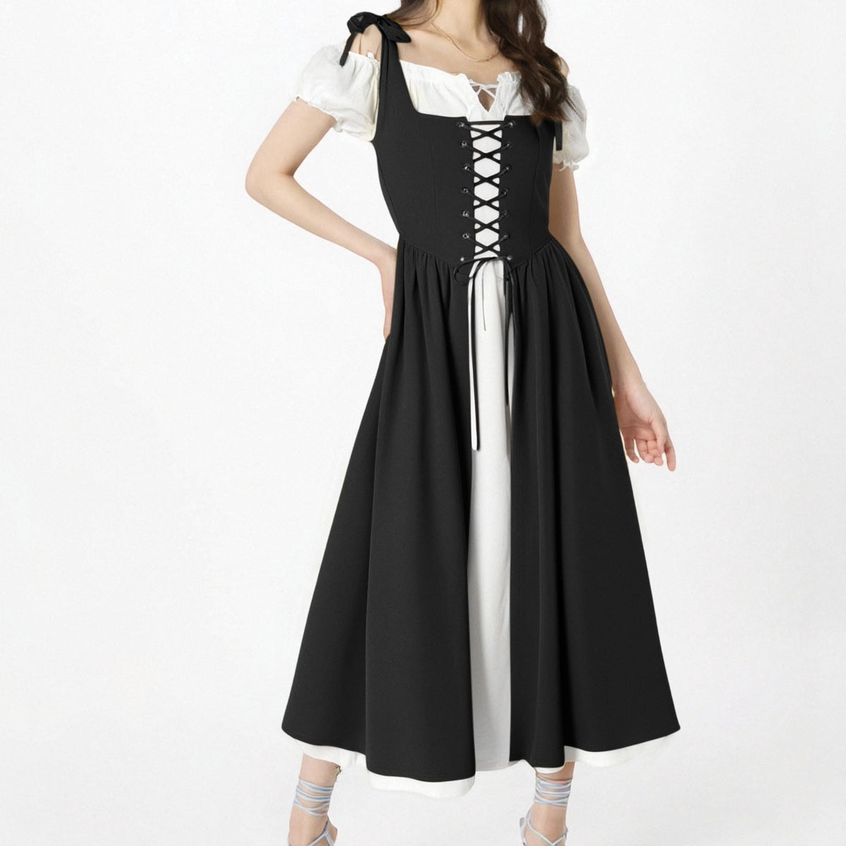 QATAINLAV Renaissance Costume Women Vintage Medieval Dress Cold Shoulder Short Sleeve Peasant Pirate Irish Maxi Dresses, Black, L