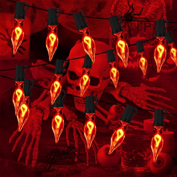 Halloween Lights Flickering Flame String Lights with 12 Pack C7 Orange Flame Light Bulbs (2 Spare), 12.8Ft Orange Flame String Lights for Indoor Outdoor Home Party Yard Halloween Decorations