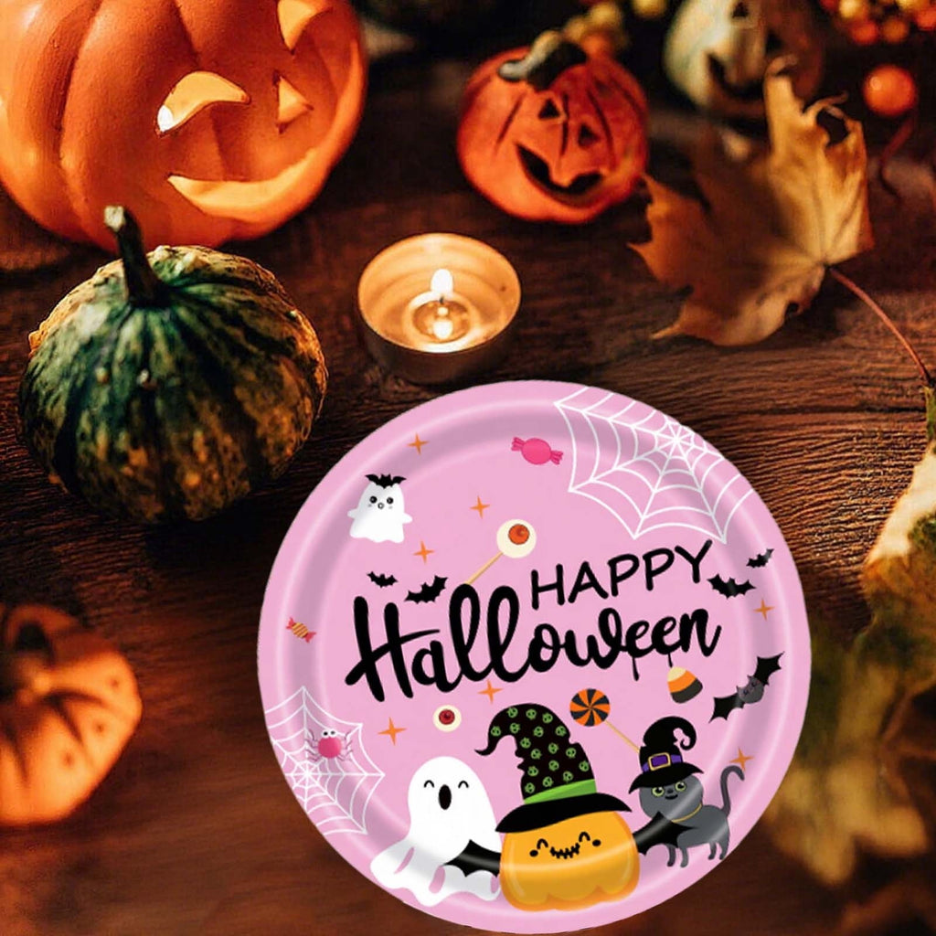 Eoozwa Pink Halloween Party Plates Set 20pcs Disposable Paper Plates and Napkins Cute Pumpkin Ghost Flower Tableware for Halloween Birthday Party Decoration Party Supplies