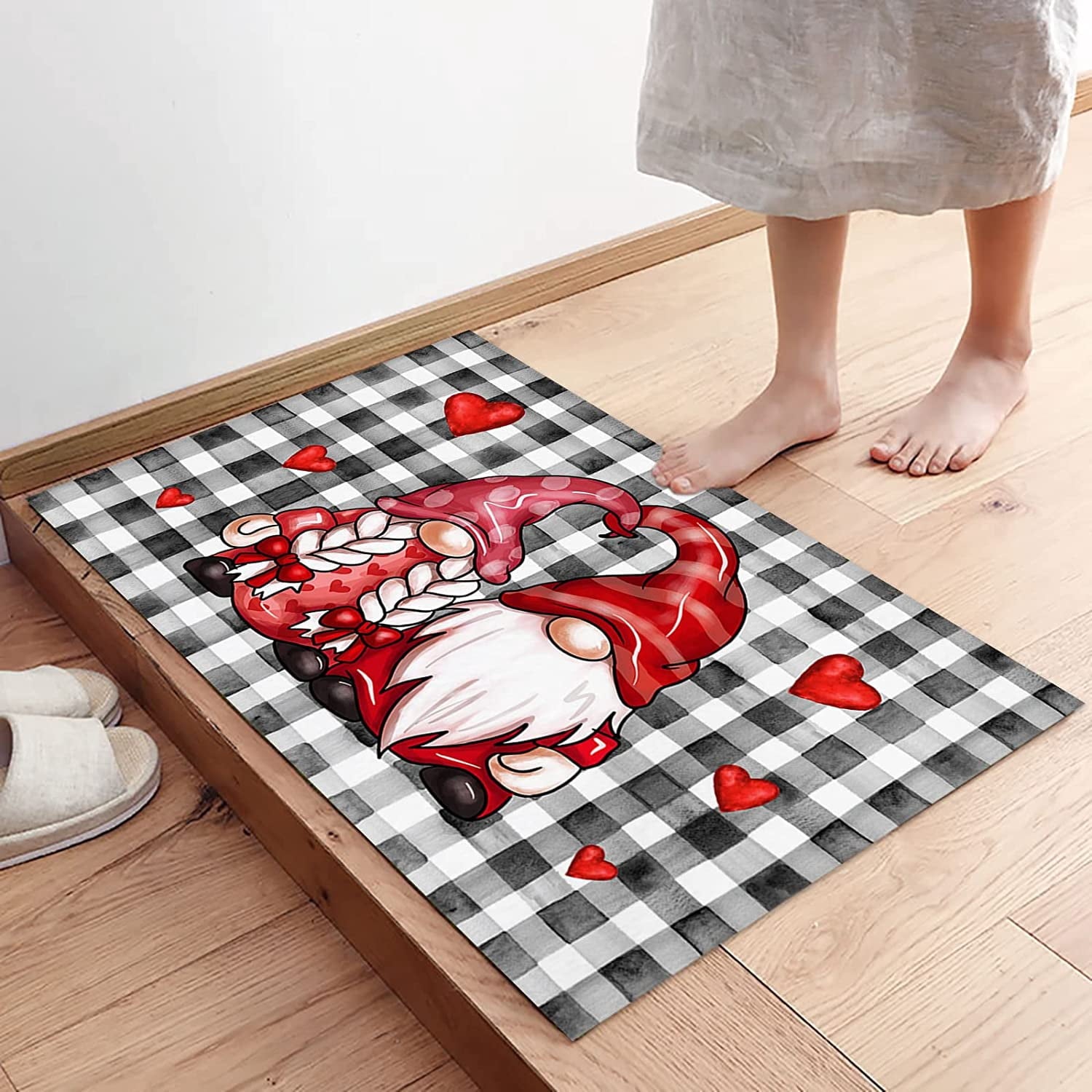 Christmas Snowman Trees Entrance Door Mat, Red Plaid Low Profile Tradition Christmas Decor Welcome Doormat, Non-Slip Carpet Rugs Floor Mat Decorative for Home/Bathroom/Kitchen - 20"x31.5"
