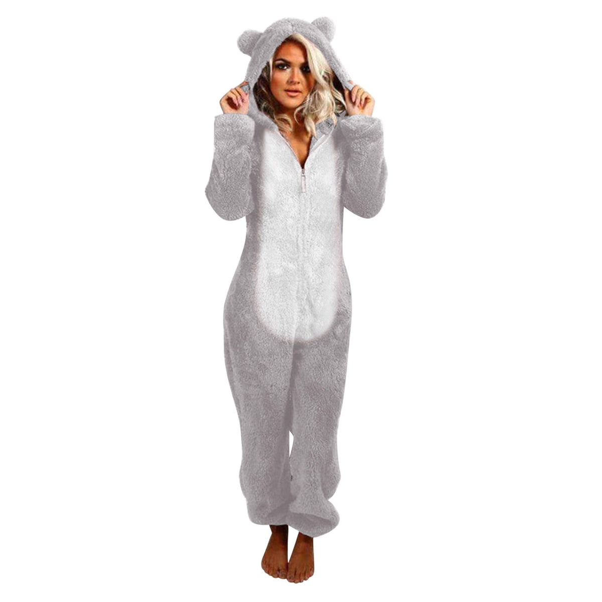 QATAINLAV Sherpa Fleece Jumpsuit for Women Winter Warm Fuzzy Onesie Pajamas Cute Cat Hooded Romper Casual Zip Up Overalls Sleepwear Black XL