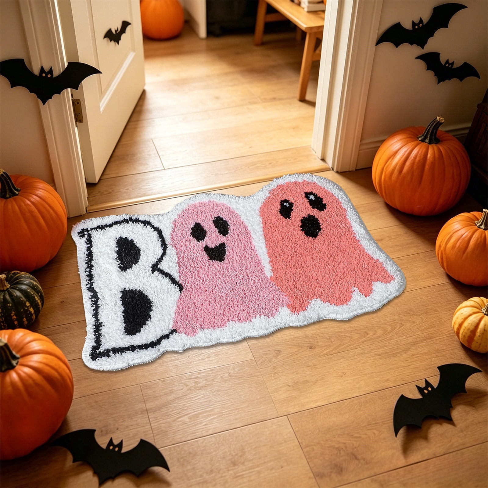 Halloween Door Mat Outdoor Boo Ghost Welcome Doormats for Front Door Non Slip Ghost Floor Mat Black White Stripe Halloween Rug for Entryway Front Porch Outside Decor