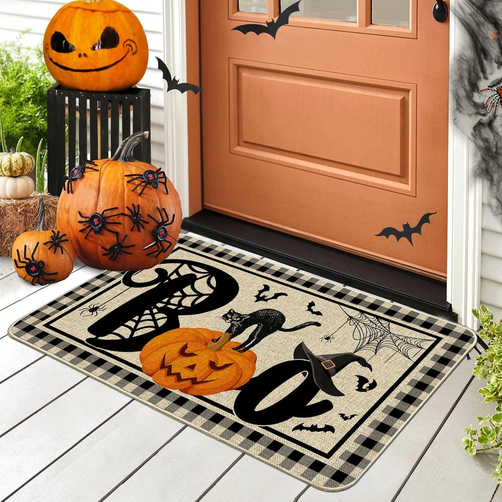 NIETEIN Halloween Door Mat Pumpkin Cat Gnomes Non-Slip Washable 31.5x19.7 Inch (Black Cat Pumpkin Bat)