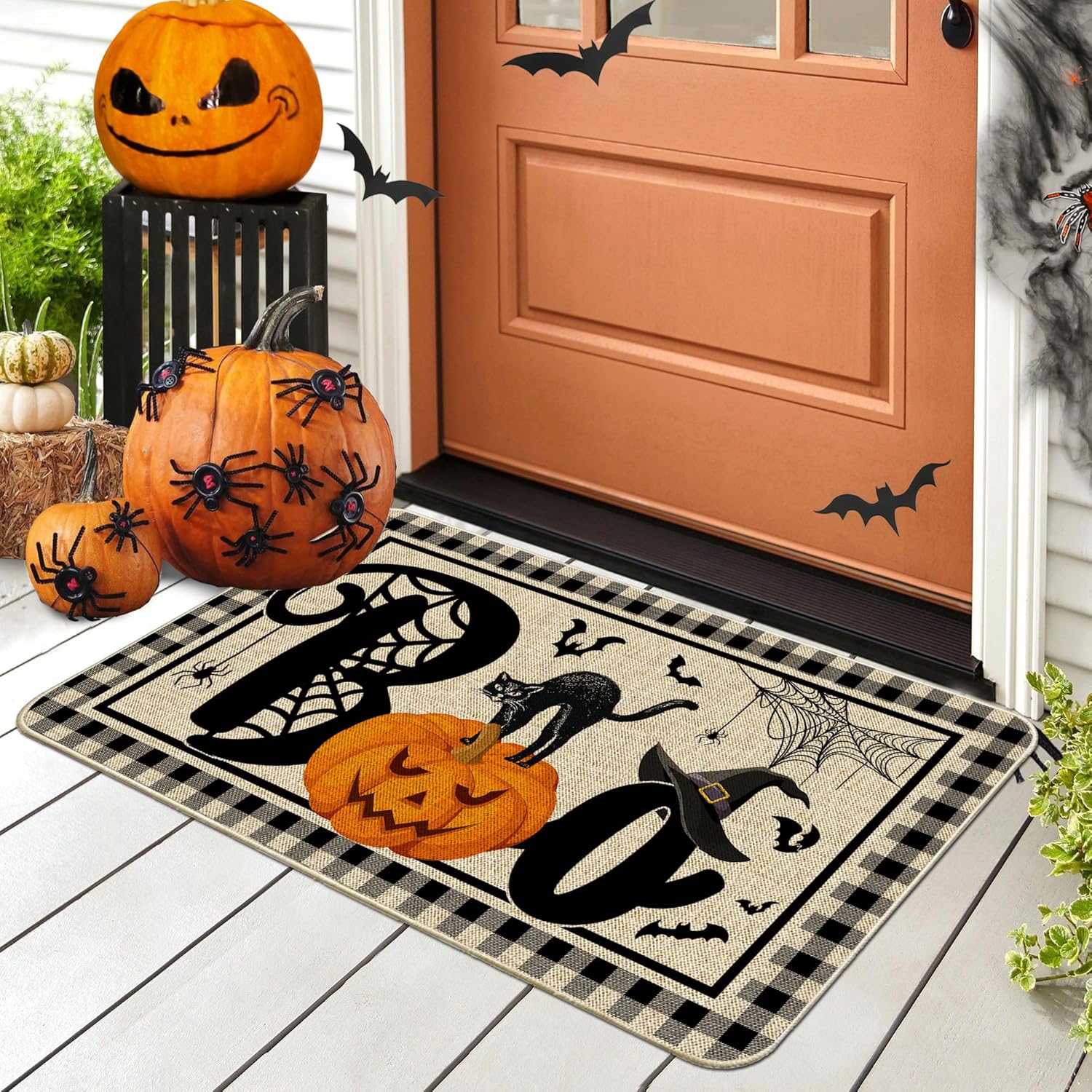 NIETEIN Halloween Door Mat Pumpkin Cat Gnomes Non-Slip Washable 31.5x19.7 Inch (Black Cat Pumpkin Bat)