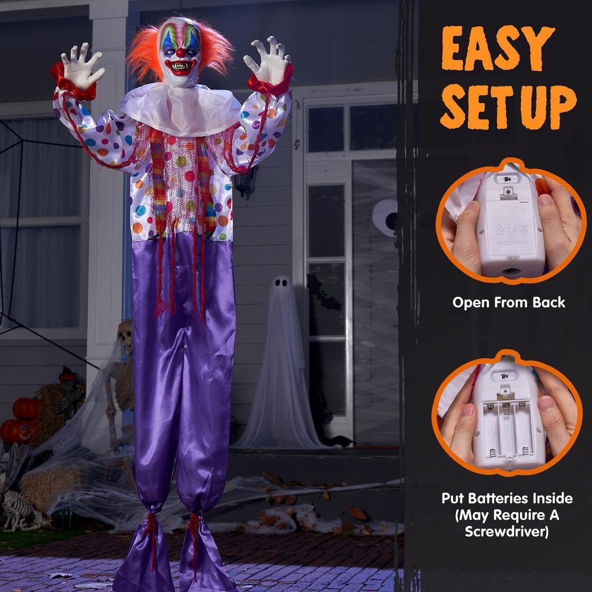 Joyfy 65" Halloween Hanging Scary Clown Decorations with Chain, with LED Lights Talking Animatronics Decor Outdoor Indoor for Haunted House Lawn Yard Patio