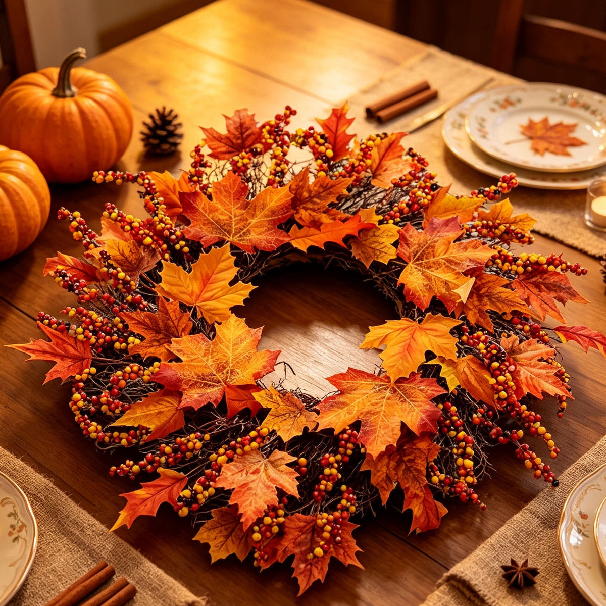 HOARBOEG Handmade Wrought Iron Maple Leaf Wreath, Thanksgiving Rudolph Fall Harvest Door Hanging, Orange Metal Autumn Wreath with Berries, Garden Wall Decor, 15.75 in