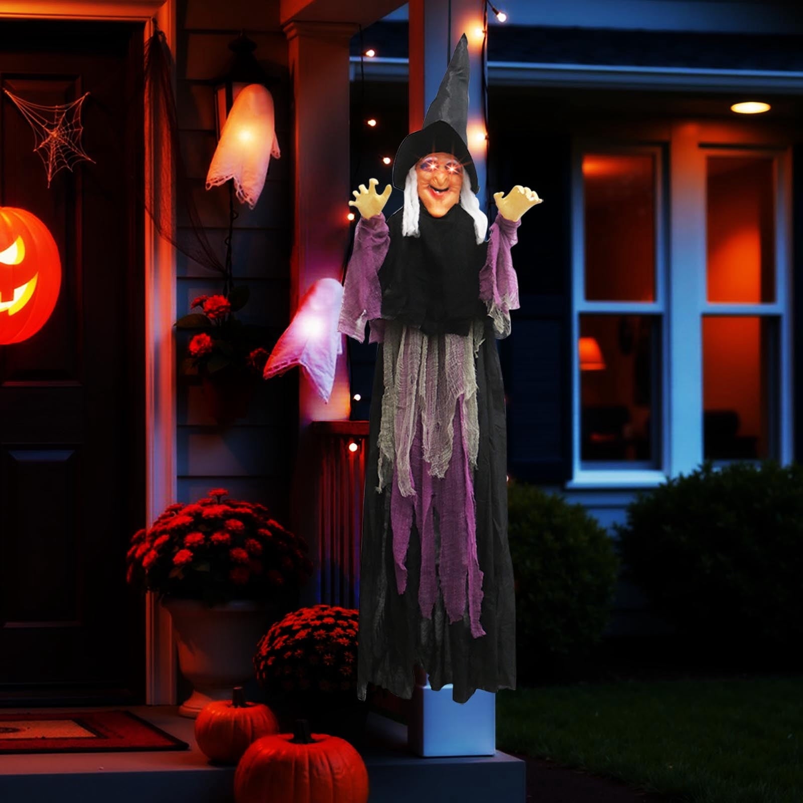 DAMAI 5.9 FT Hanging Witch Halloween Decorations Outdoor,Hanging Witch Halloween Decor,Giant Animated Standing Talking Witch with Red Eyes,Flying Witch Standing Decor for Haunted House Props