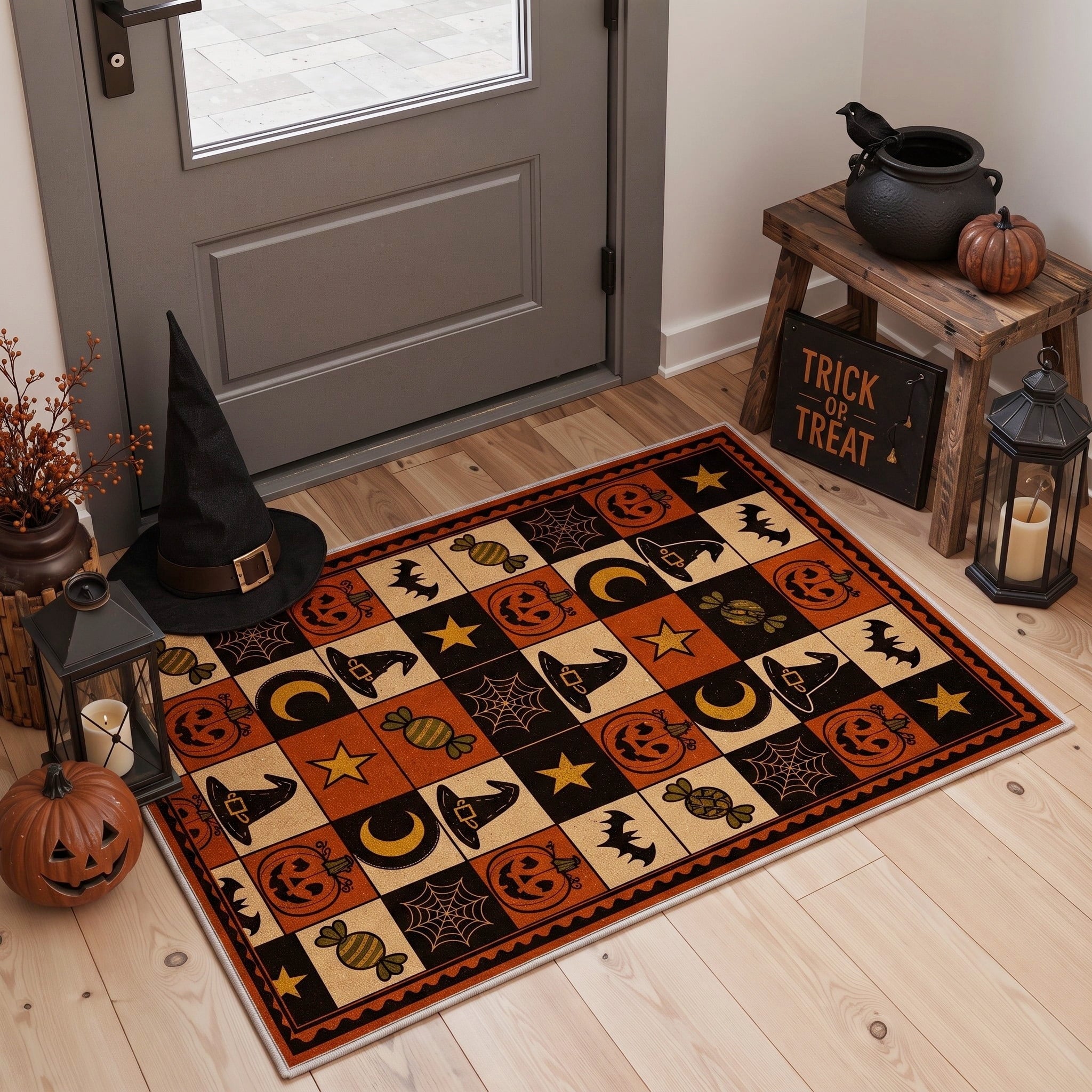 GENIMO 2'x7' Halloween Runner Rug, Washable Non Slip Soft Vintage Witch Indoor Outdoor Hallway Runner for Porch Patio Kitchen Entryway, Retro Sepia