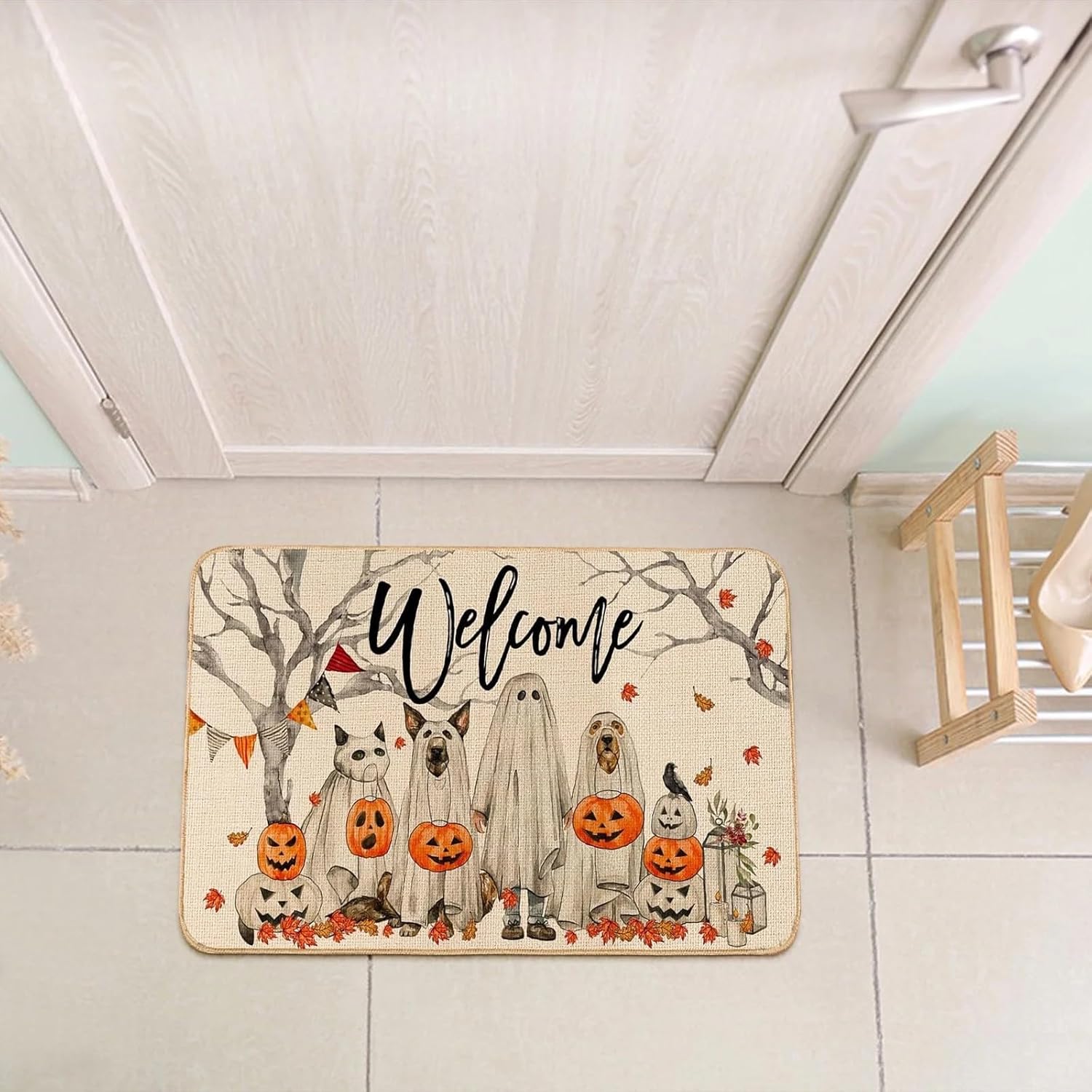 Halloween Decorations - Door Mat, Halloween Ghost Dogs Pumpkin Outdoor Mats for Front Door, Indoor Entrance Non-Slip Doormat, 1Pcs