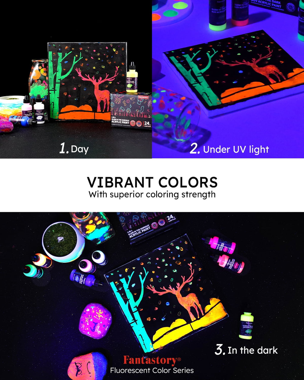 Fantastory Glow in the Dark Acrylic Paint, Multi-Surface, 8-Color Set, 0.8 fl oz Each
