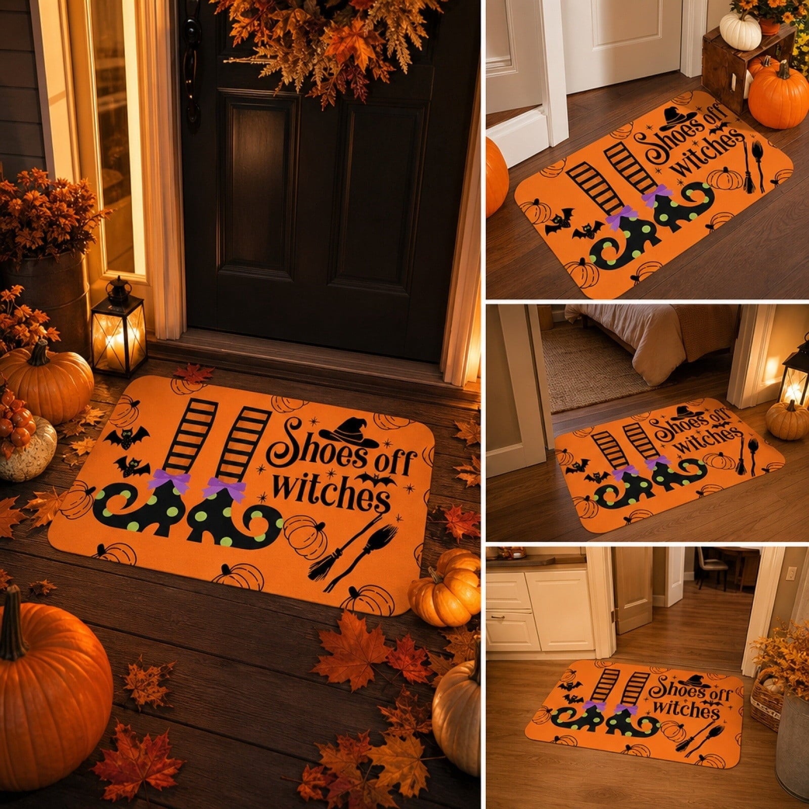 Halloween Heart Print Doormat 60x40cm, Black Orange Spooky Entry Mat for Front Door, Non-Slip Indoor Outdoor Rug