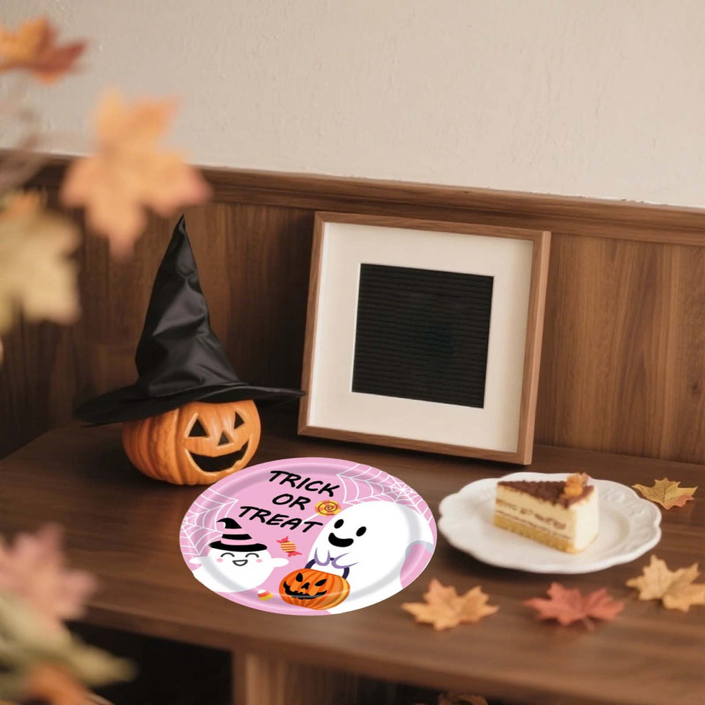 Eoozwa Pink Halloween Party Plates Set 20pcs Disposable Paper Plates and Napkins Cute Pumpkin Ghost Flower Tableware for Halloween Birthday Party Decoration Party Supplies
