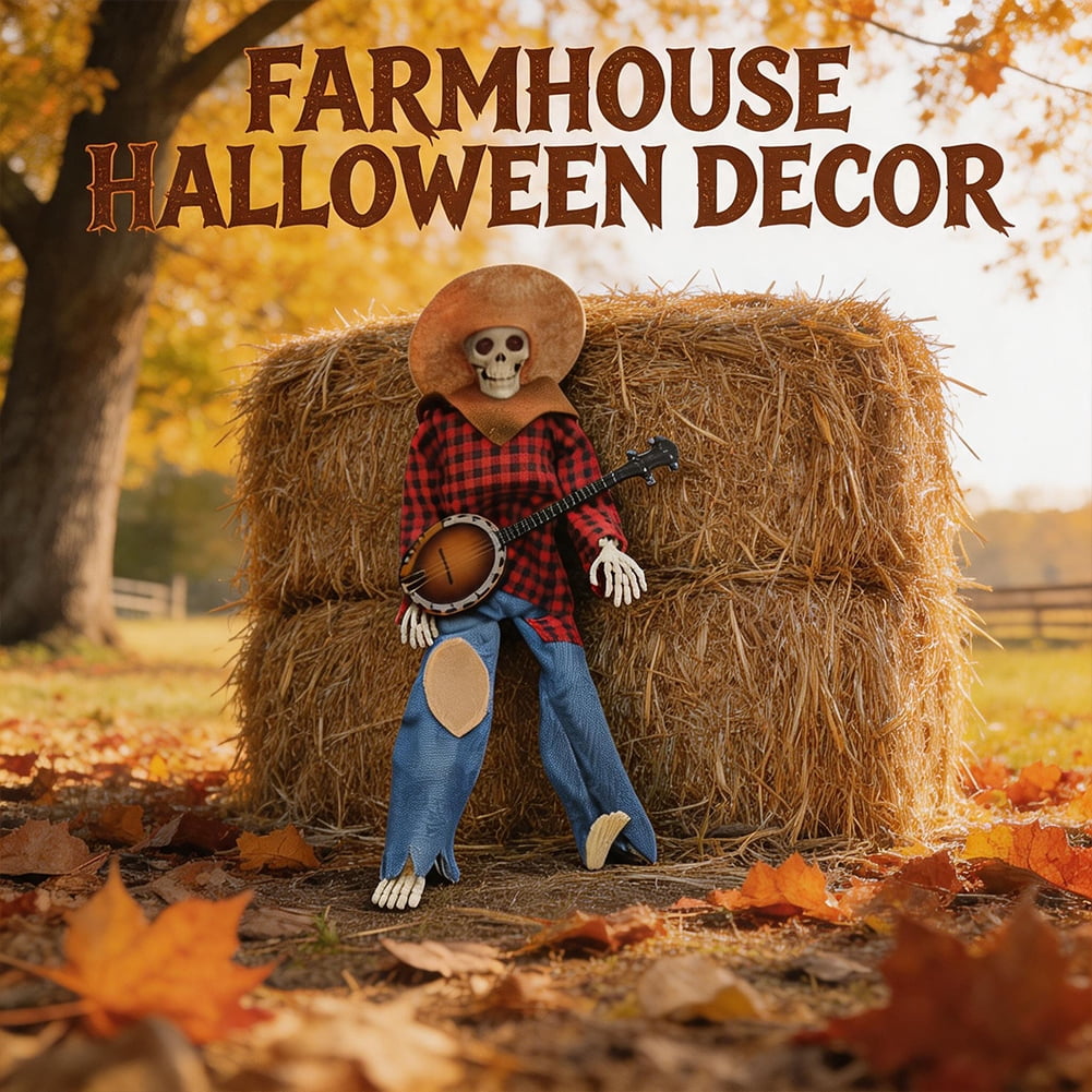 15" Animated Banjo Cowboy Skeletons with Clothes and Hat for Party Shelf Halloween Decorations(Red)