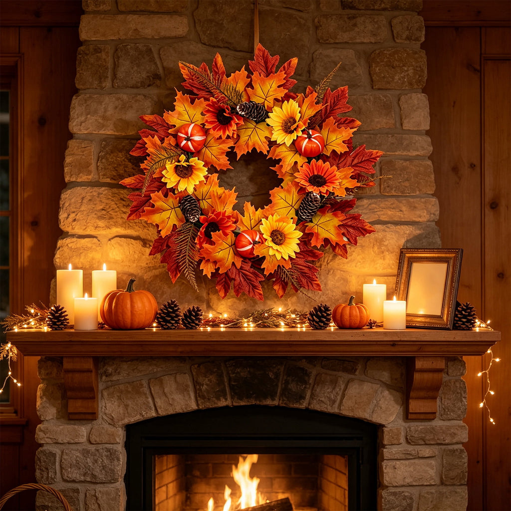 HOARBOEG Autumn Harvest Sunflower Wreath, Artificial Pumpkin Maple Leaf Fall Wreath for Front Door, 21.65 in Thanksgiving Wall Hanging Decor, Outdoor Indoor Harvest Decor
