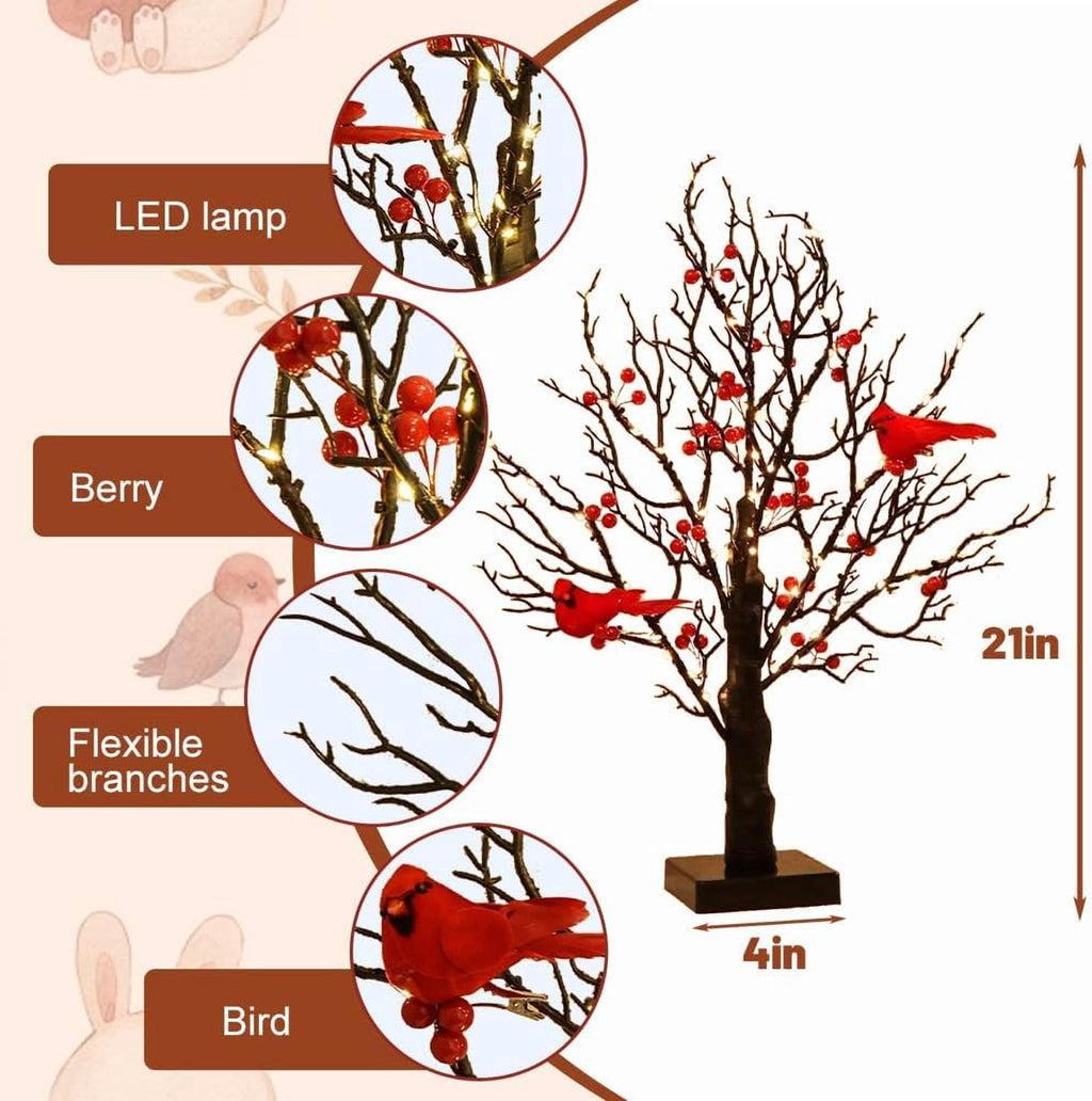 Vintage Glowing Cardinal Tree with Berries, Moving Cardinals Tree with LED Lights, Little Red Bird Trees Light, for Christmas, Halloween Tabletop Indoor Office Decorations