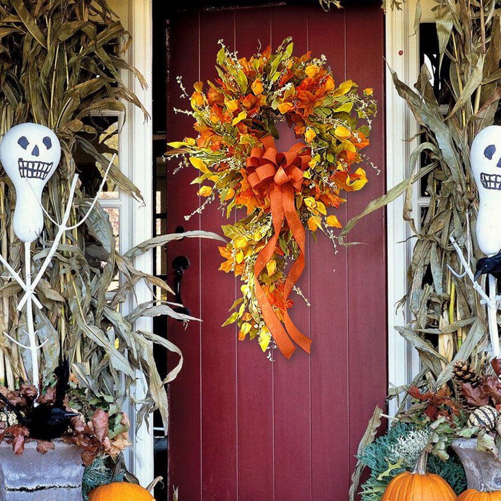 Yucurem 23.62" Fall Wreaths for Front Door, Artificial Maple Leaves Wreath for Christmas Halloween Thanksgiving Harvest Farmhouse Porch Decor