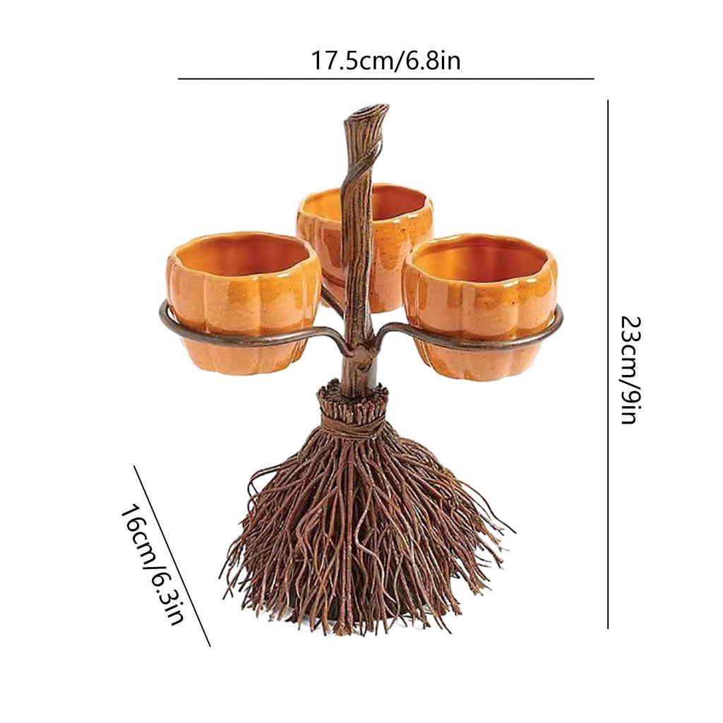 Diceymbol Halloween Pumpkin Snack Bowl Stand Collapsible Broomstick Candy Tray for Cupcakes & Desserts, Resin Serving Platter with Ceramic Pumpkin Bowls