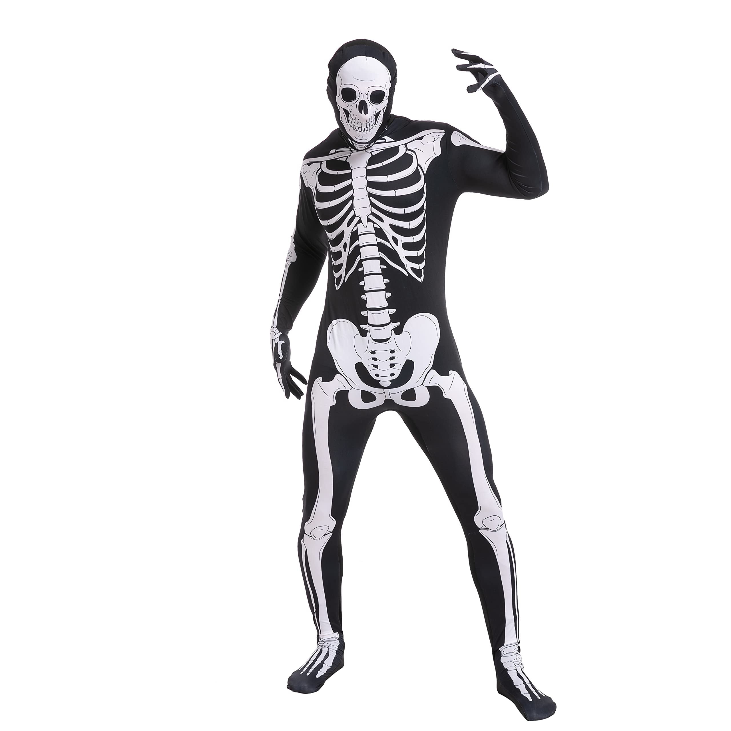 Joyfy Skeleton Costume for Adults, Skeleton Bone Bodysuit Halloween Costumes for Men with Skeleton Hood Mask, Halloween Party Fancy Dress-up