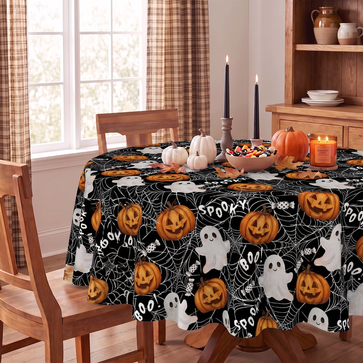 Sm:)e Ghost Bat Pumpkin Spider Web Halloween Tablecloth 60x84 Inch, Wrinkle-Resistant & Machine Washable Table Cover for Dining Decor, Rectangle