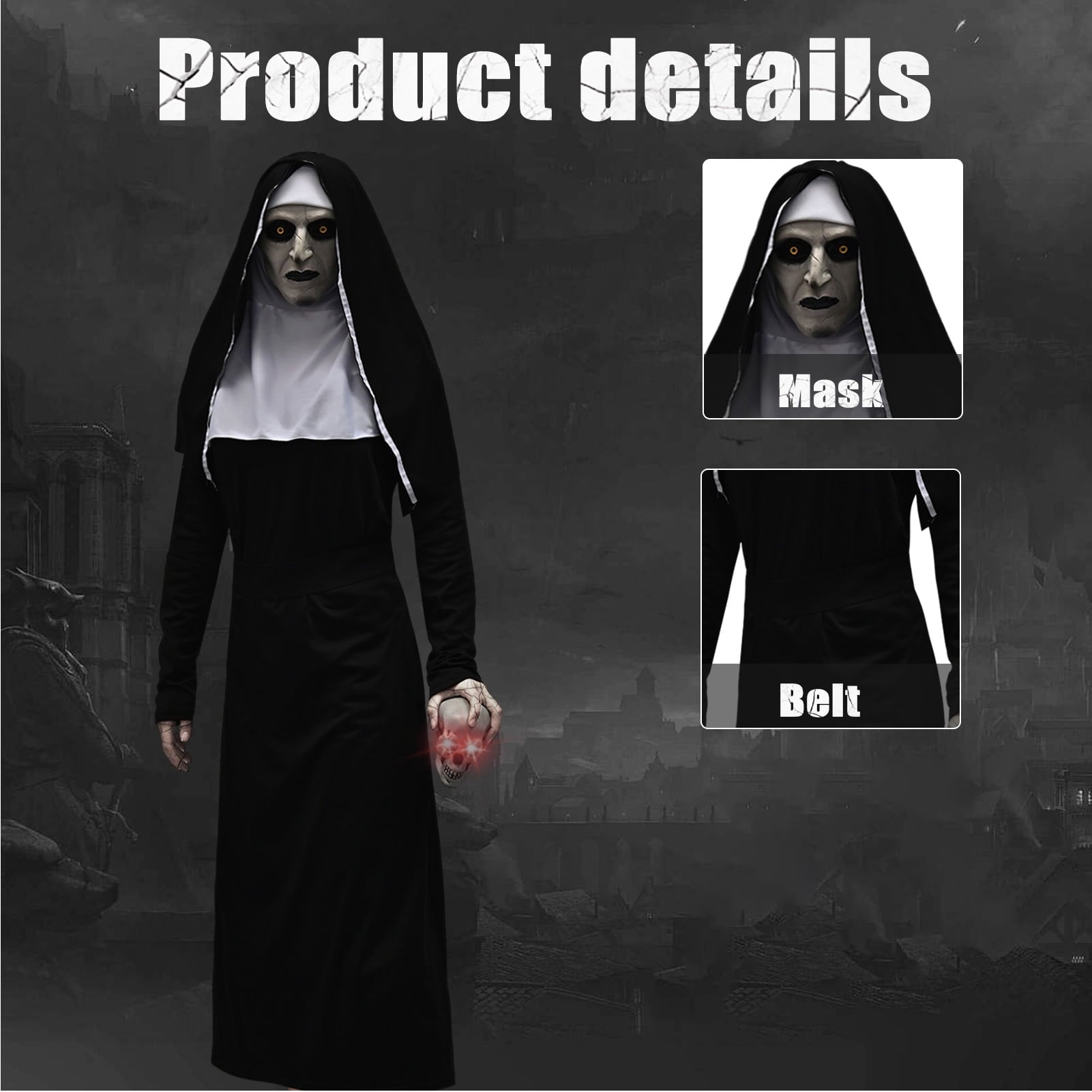 Forfamy Adults Nun Costume, Women Nun Fancy Dress with Necklace, Halloween Nun Costumes Nun Outfit for Halloween Cosplay Party