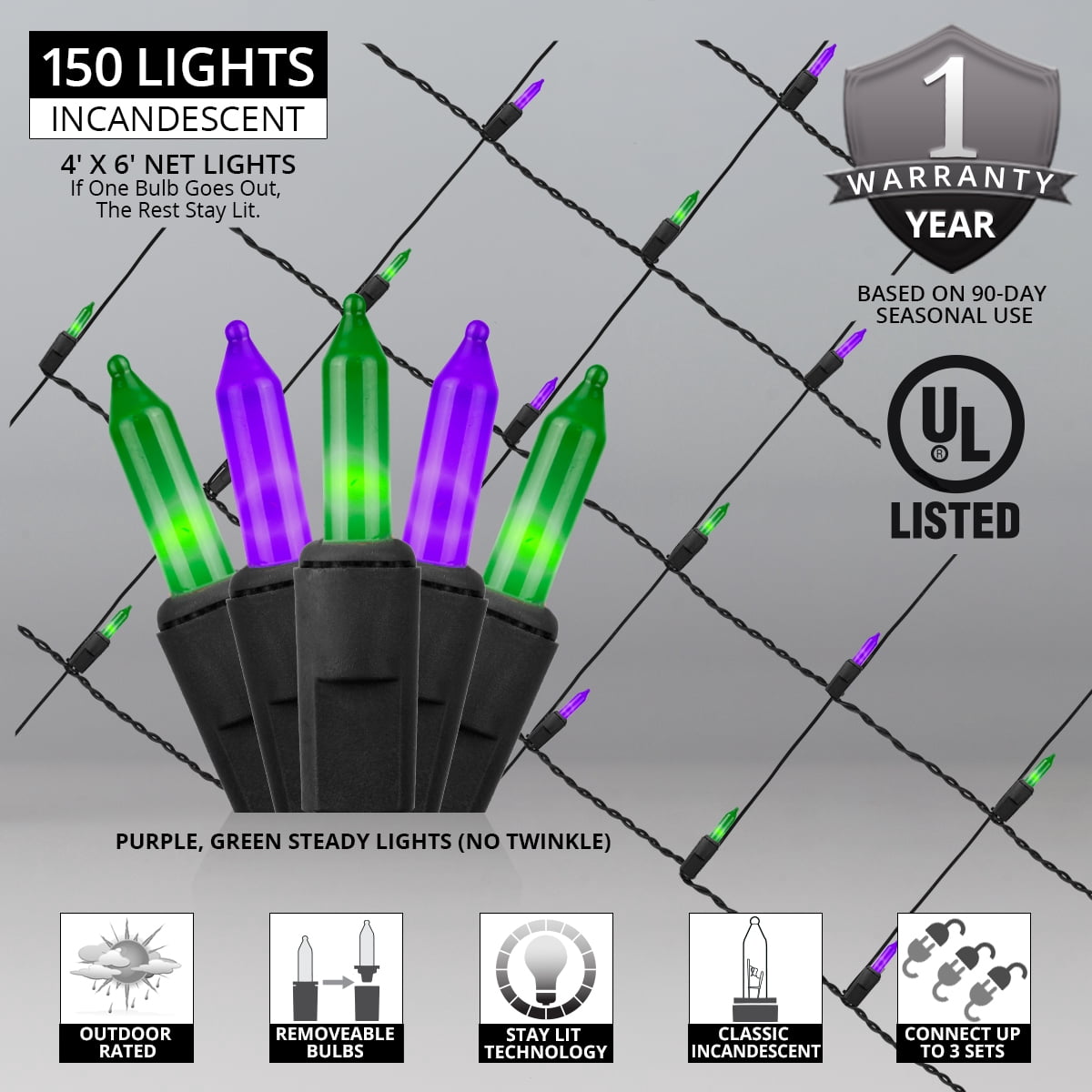 4’ x 6’ Halloween Net Lights Outdoor 150 Orange and Purple Lamps on Black Wire