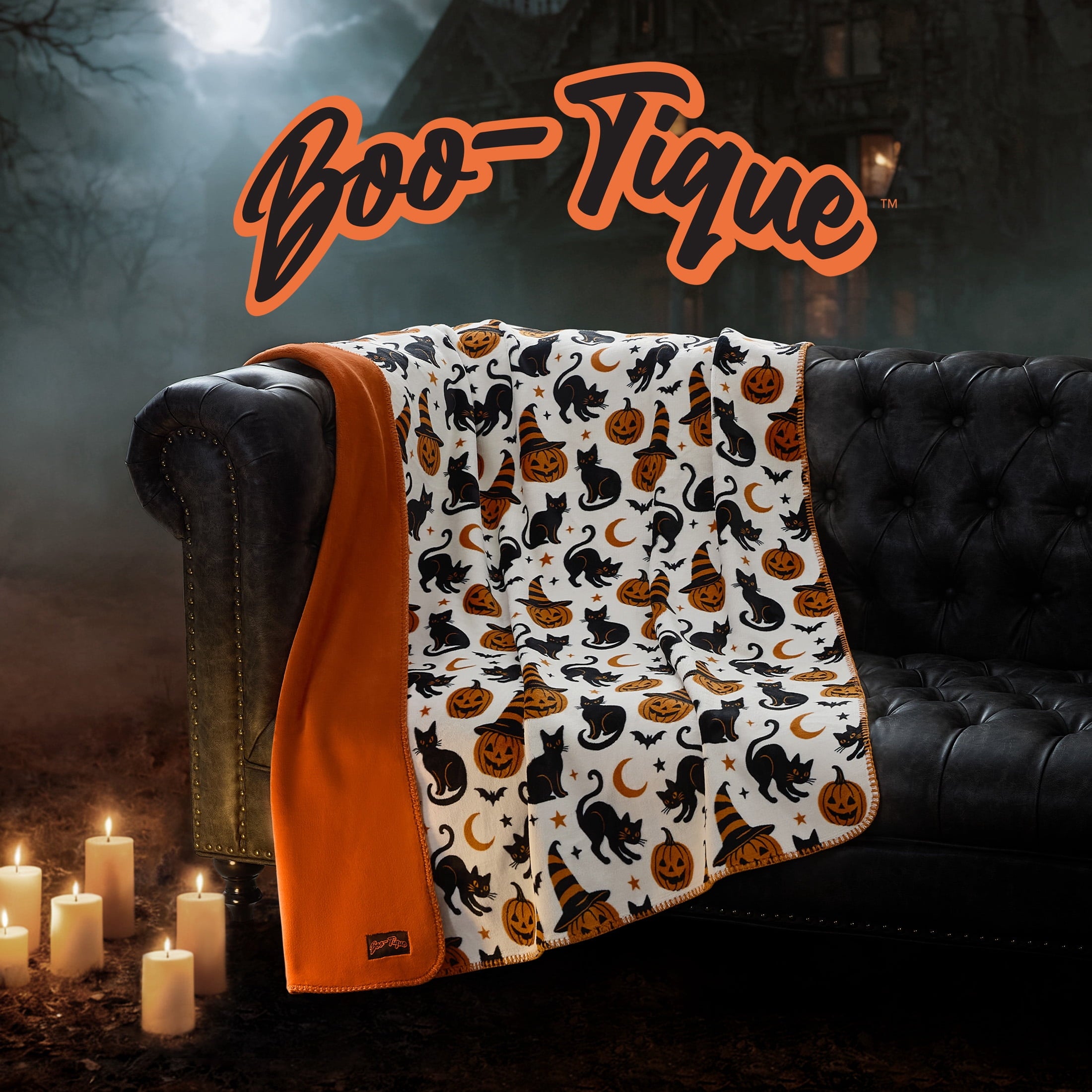 Boo-tique Halloween Plush Soft Oversized Couch Throw Blanket, Cats and Pumpkins, Orange, 50 x 72 in